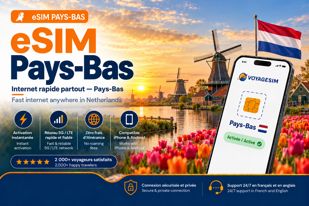 eSIM Pays-Bas — forfait de données VoyageSIM
