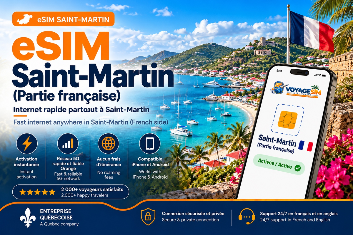 eSIM Saint-Martin partie française – image VoyageSIM officielle dans le téléphone